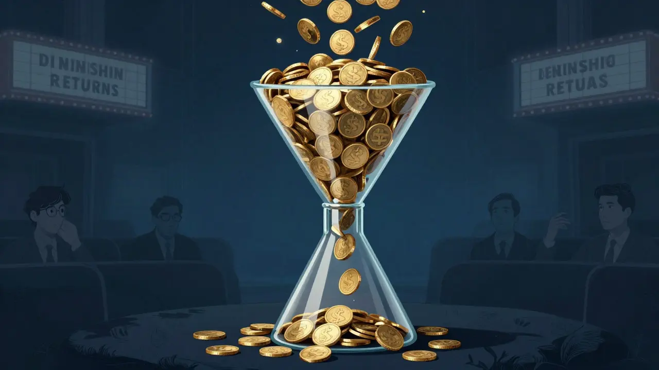 Golden coins flowing through a glass funnel illustrating diminishing marketing returns