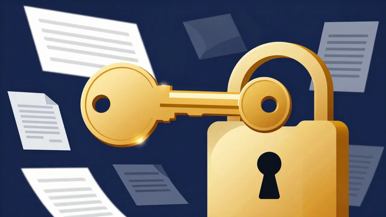 Golden key turning in a character-shaped lock surrounded by abstract contract shapes
