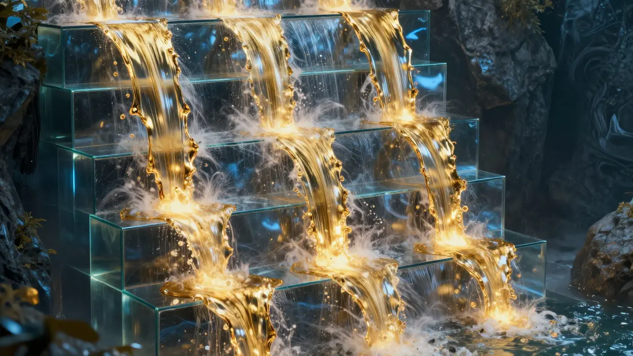Golden liquid flowing through glass tiers representing profit waterfall