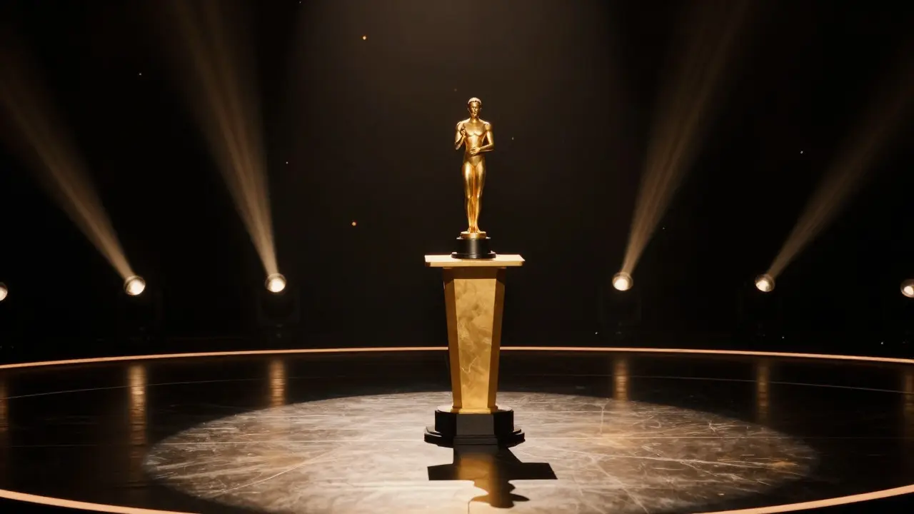 Golden Oscar statue on a dark, spotlighted awards stage