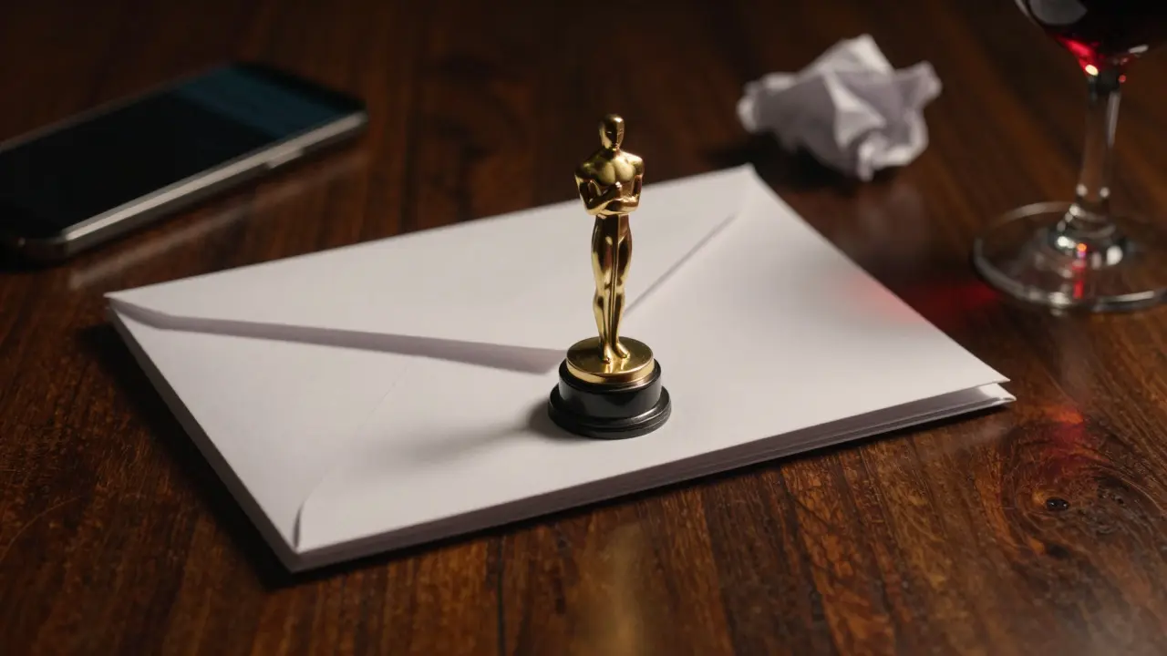 Golden Oscar statuette sitting on a stack of voting envelopes under dramatic light