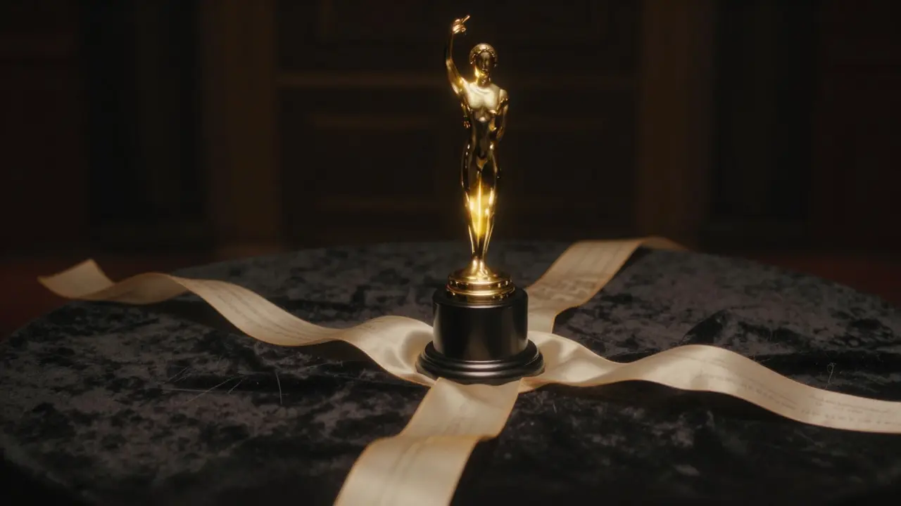Golden trophy on a velvet table surrounded by abstract swirling lights
