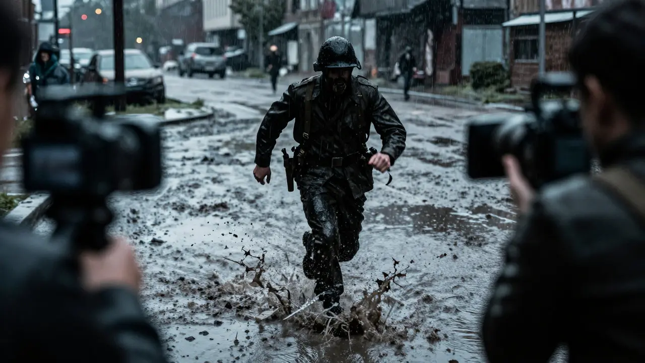 Gritty action shot of a figure running through mud with chaotic motion blur
