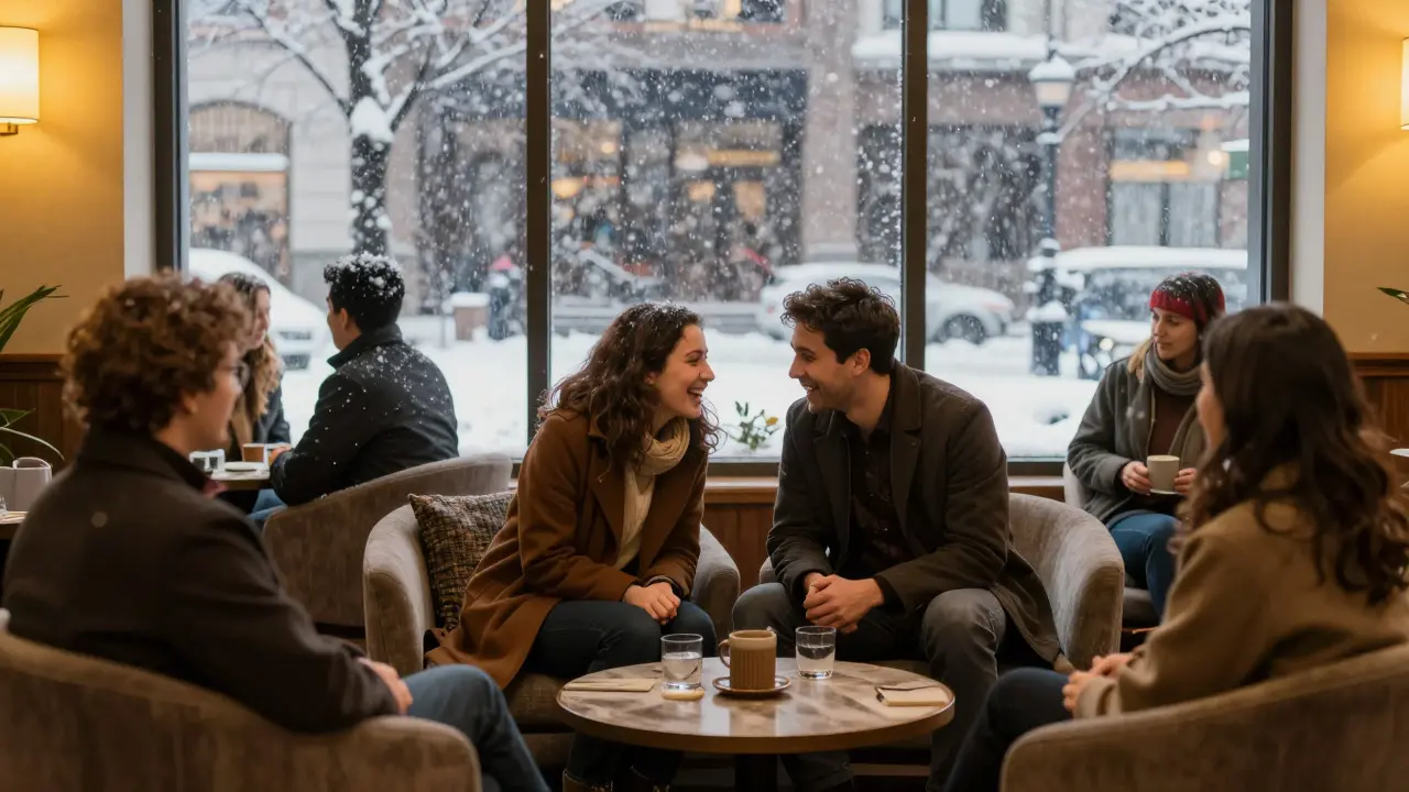 Group of strangers laughing and connecting in a warm hotel lobby while snow falls outside.