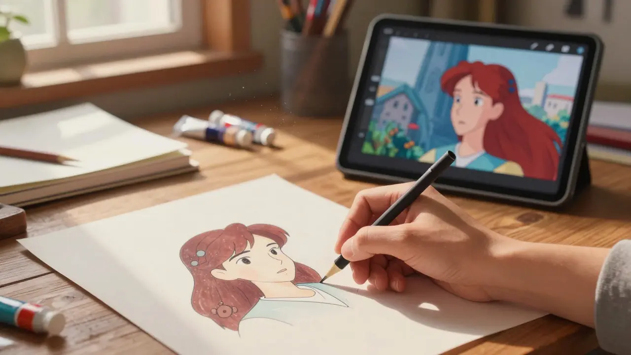 Hand-drawn animation cel and digital tablet on a desk in warm sunlight