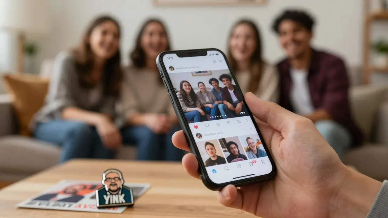Hand holding a phone in a living room where friends watch a film together