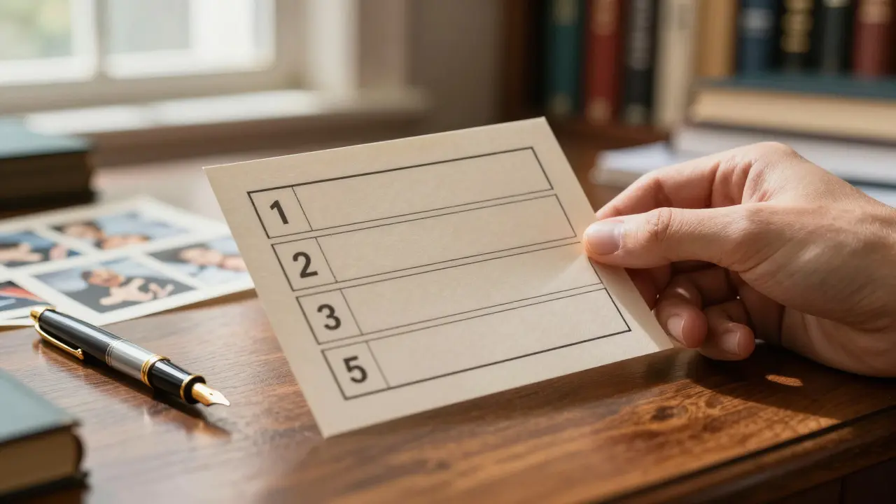Hand holding a ranked-choice ballot card next to a pen on a wooden desk