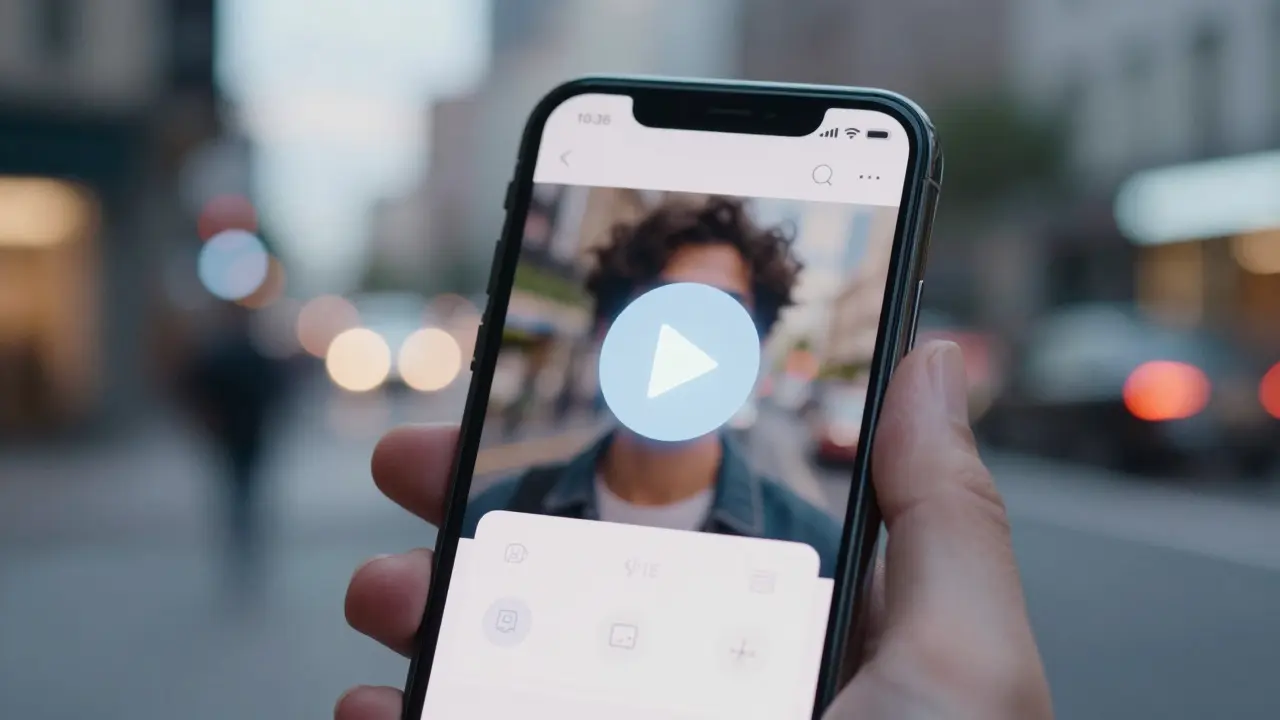 Hand holding a smartphone with a glowing play button against a blurred city background