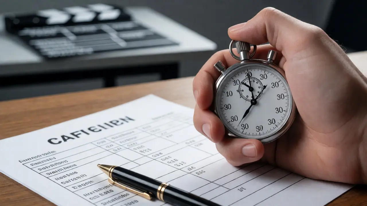 Hand holding a stopwatch near call sheets on a production table