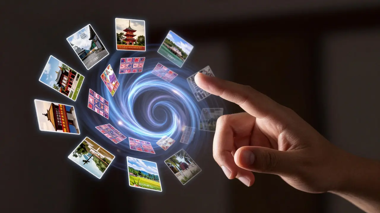 Hand interacting with a floating digital interface of global video clips