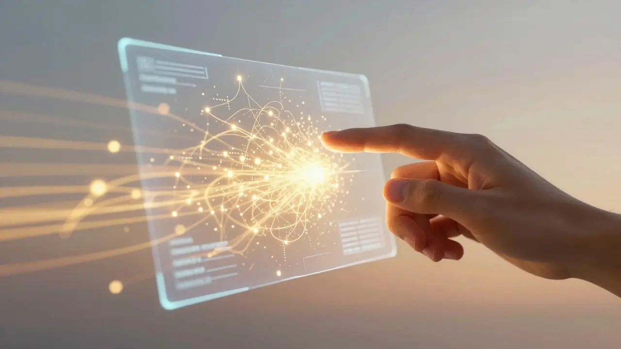 Hand interacting with a holographic AI reconstruction of a scene