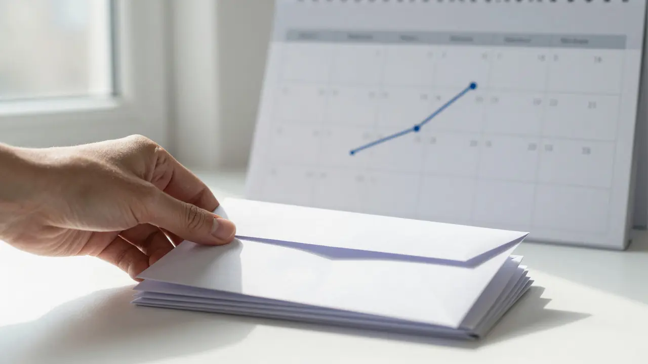 Hand placing a letter on a stack with a calendar background