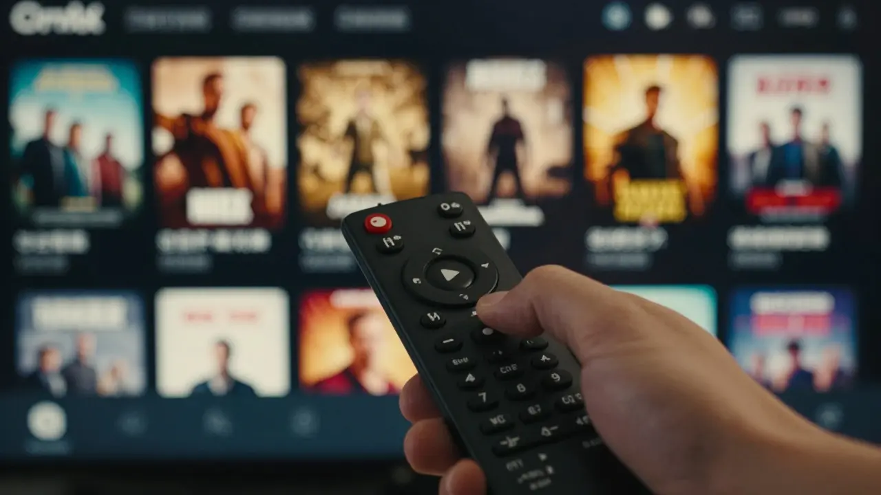 Hand pressing play on a remote control against a blurred streaming interface background