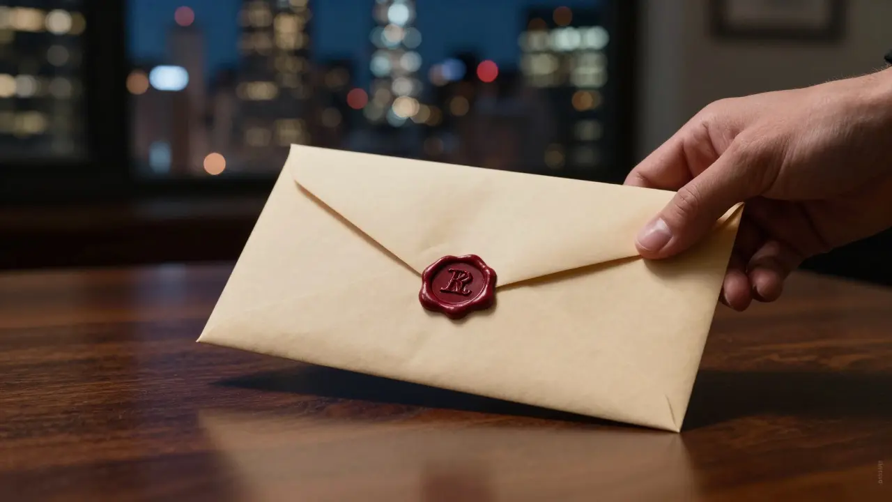 Hand sealing an envelope on a desk with a city skyline visible in the background