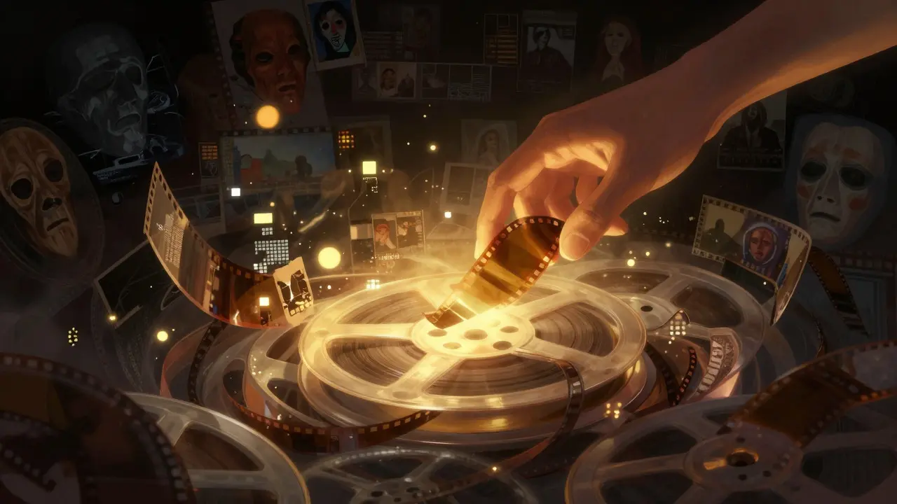 Hand selecting a glowing film strip from a chaotic swirl of movie fragments