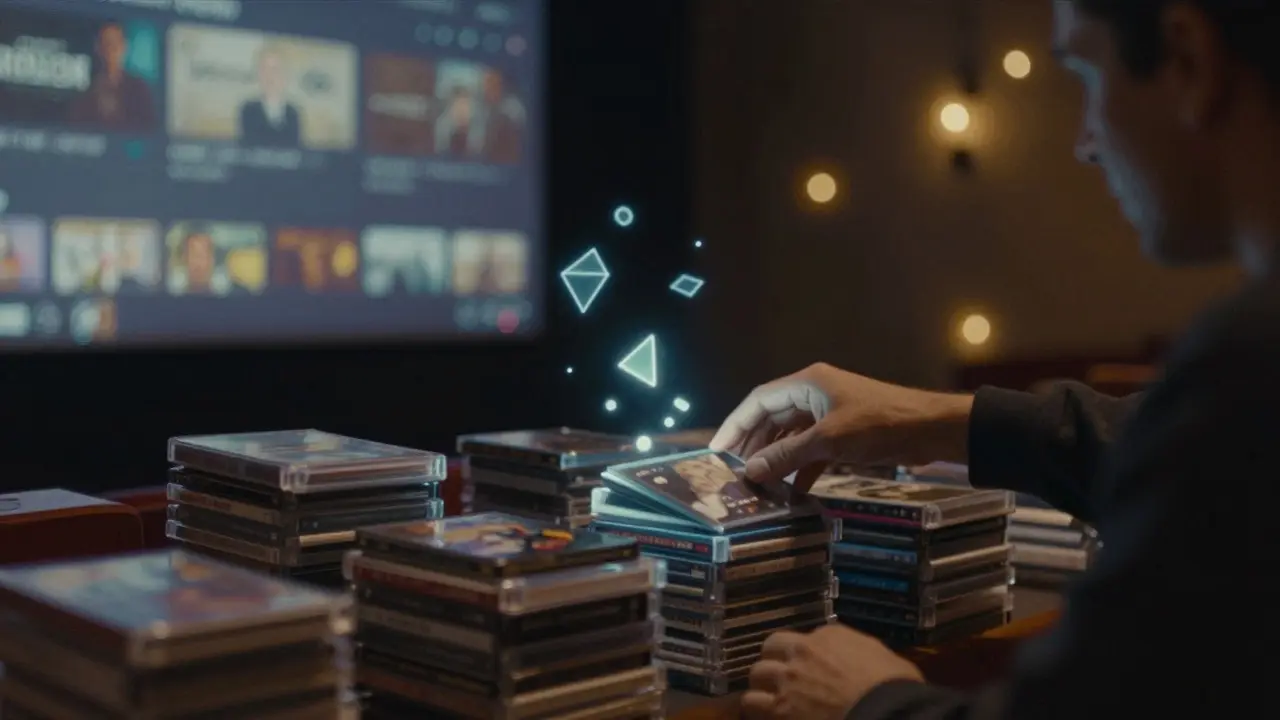 Hand selecting a glowing item from a stack in a dimly lit room