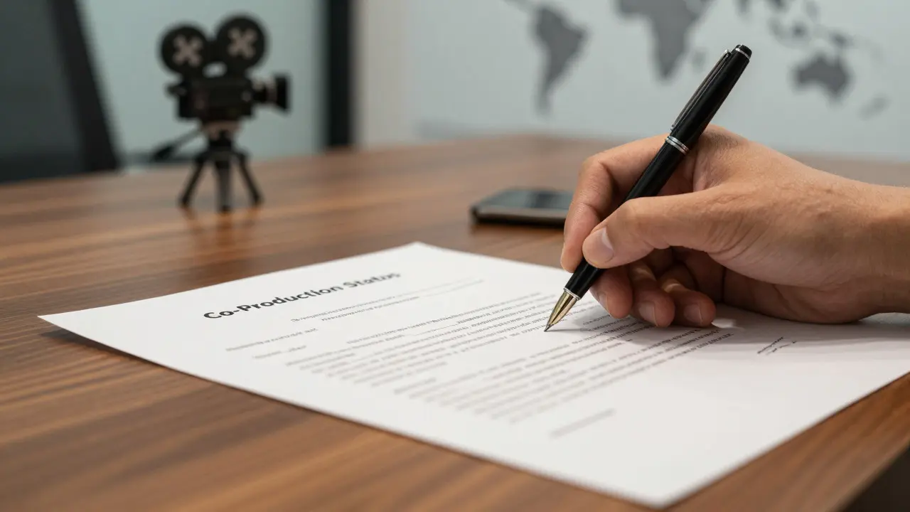 Hand signing a co-production treaty contract next to an official certificate.
