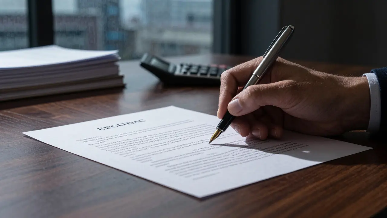Hand signing a film finance contract on a desk