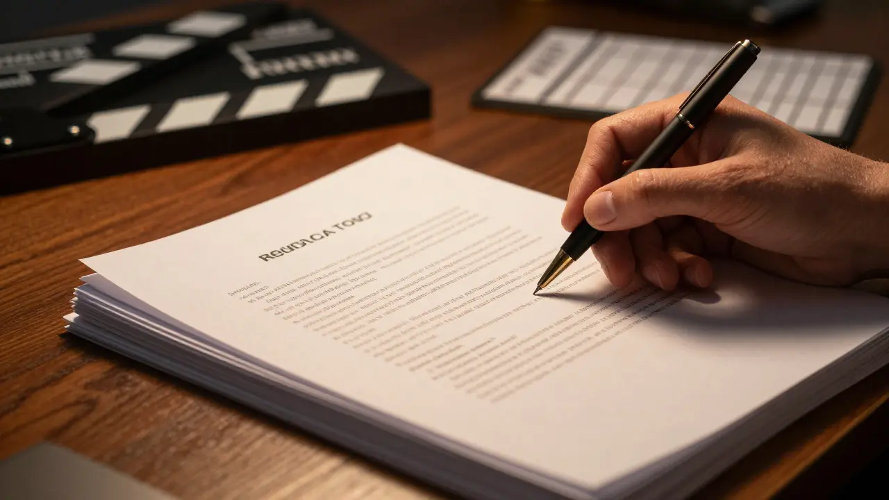 Hand signing a legal contract on a desk with film props nearby