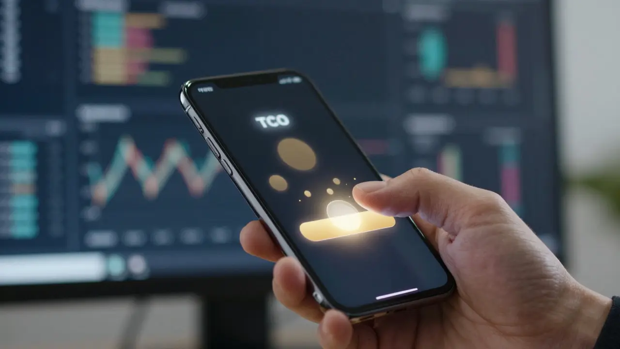 Hand using a smartphone to confirm a digital movie purchase in an office setting