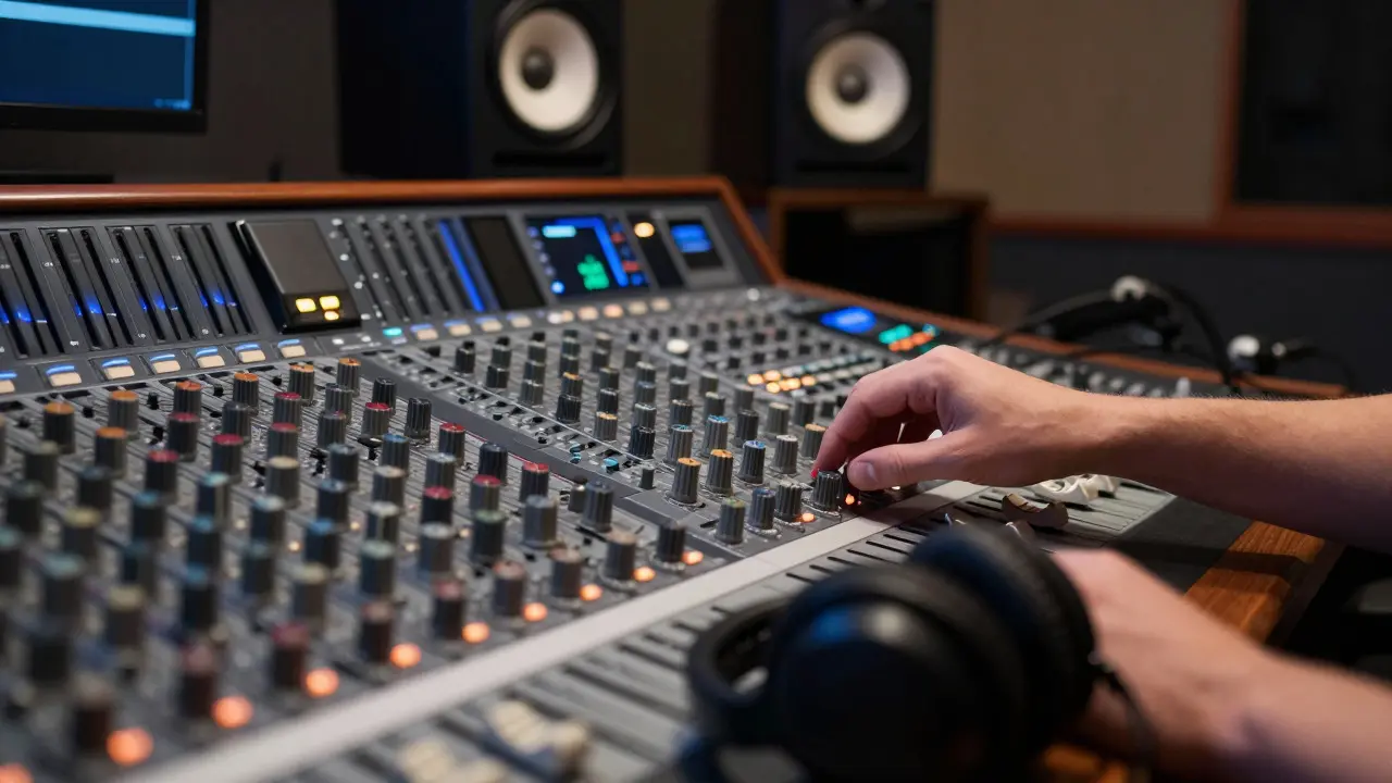 Hands adjusting controls on a professional audio mixing console