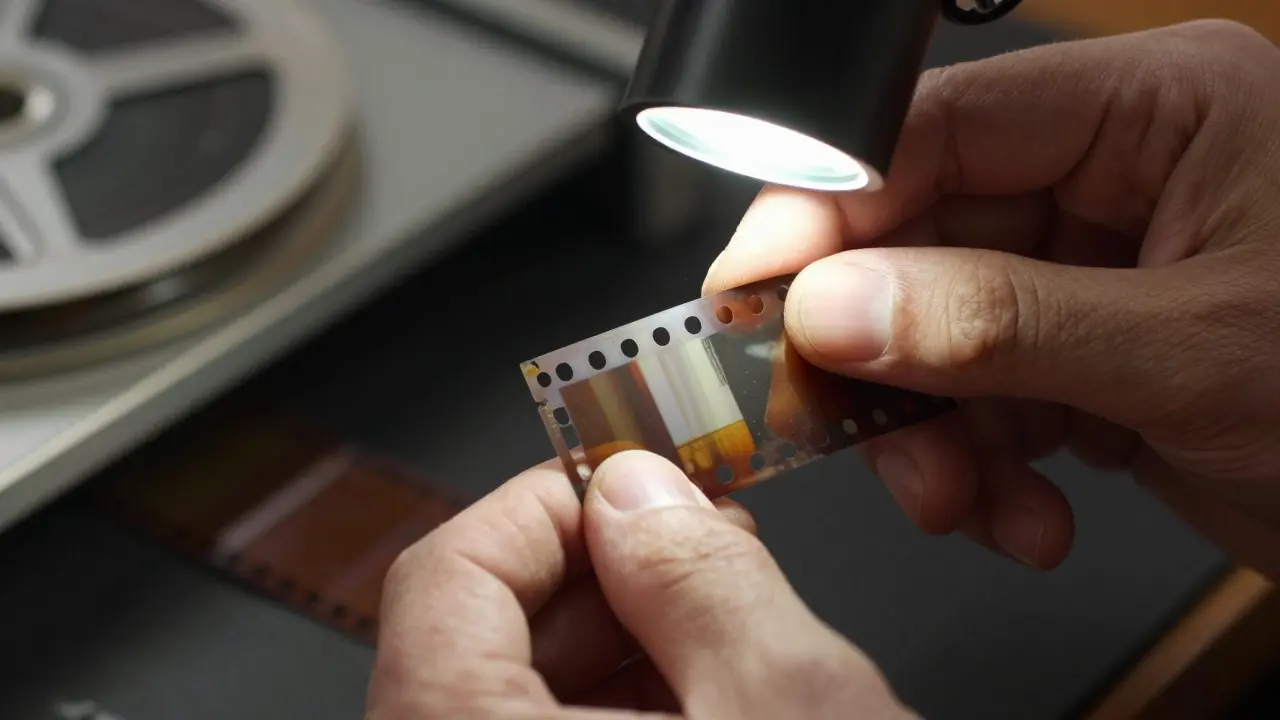 Hands inspecting an old 35mm film strip for damage under a magnifier