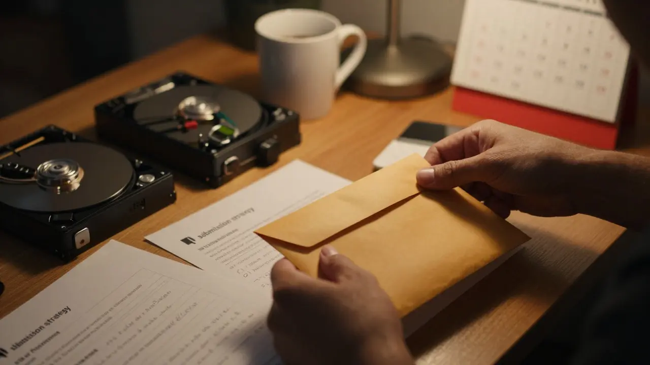 Hands organizing film submission envelopes and hard drives on a desk