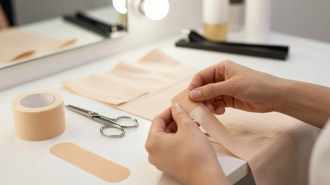 Hands preparing costume adhesives and props for a shoot
