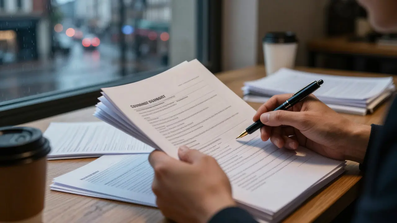 Hands reviewing stacks of production documents on a desk in a dimly lit office