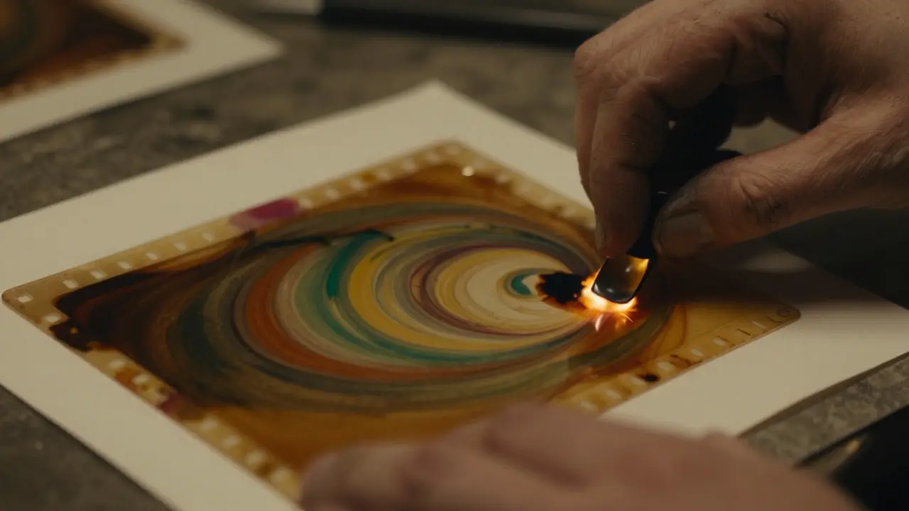 Hands scratching and painting directly onto raw film stock in a darkroom