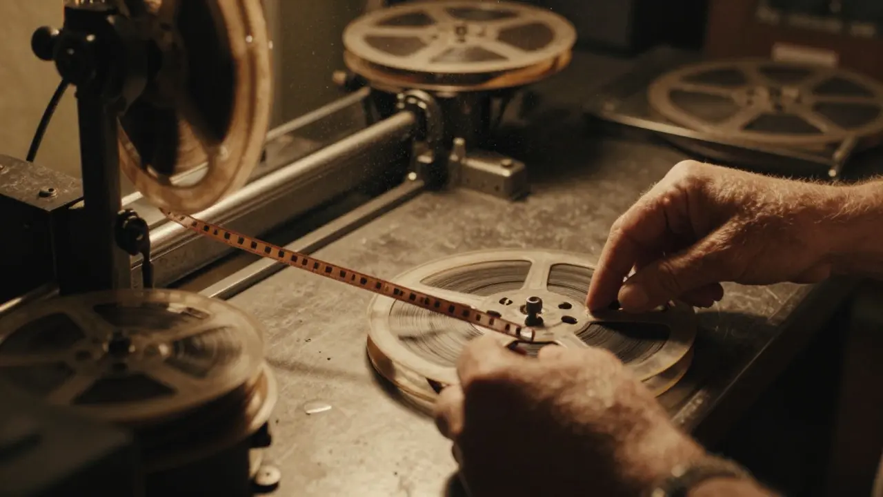 Hands threading 35mm film through a vintage camera gate in warm light