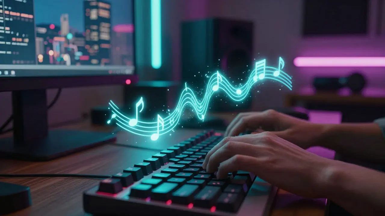 Hands typing on a keyboard with musical notes floating up in a modern home studio