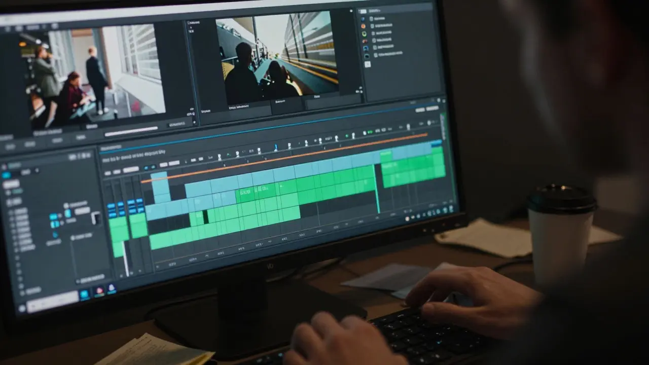 Hands working on a video editing timeline in a dimly lit studio