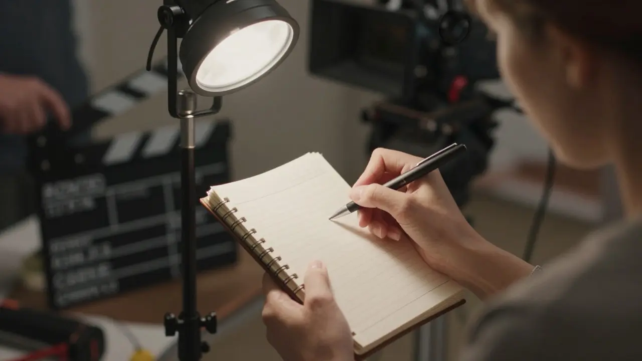 Hands writing notes in a notebook under a work light on a film set