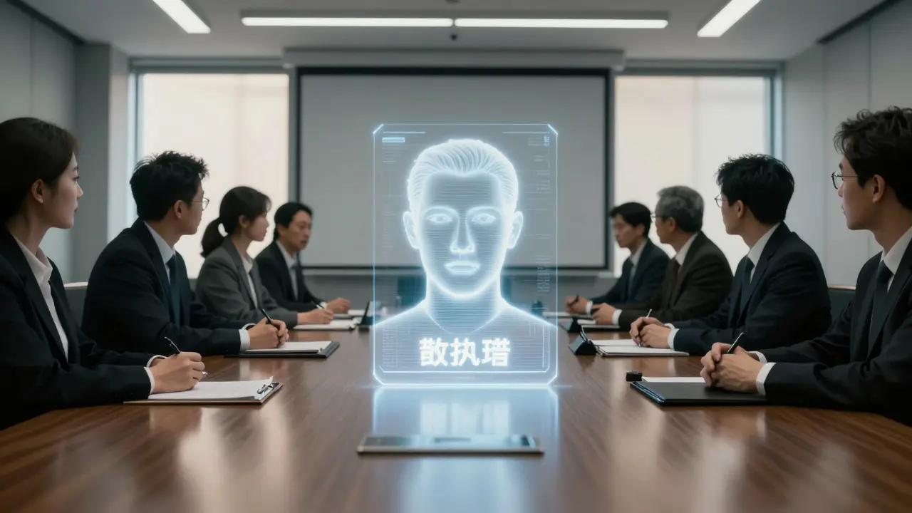 Holographic face projection on a negotiation table during a legal meeting