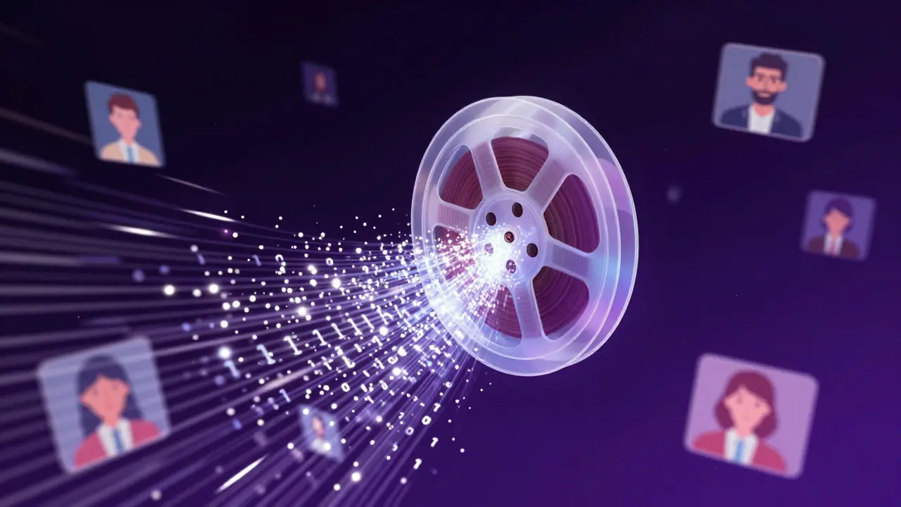 Holographic film reel transforming into digital data streams connecting global viewers