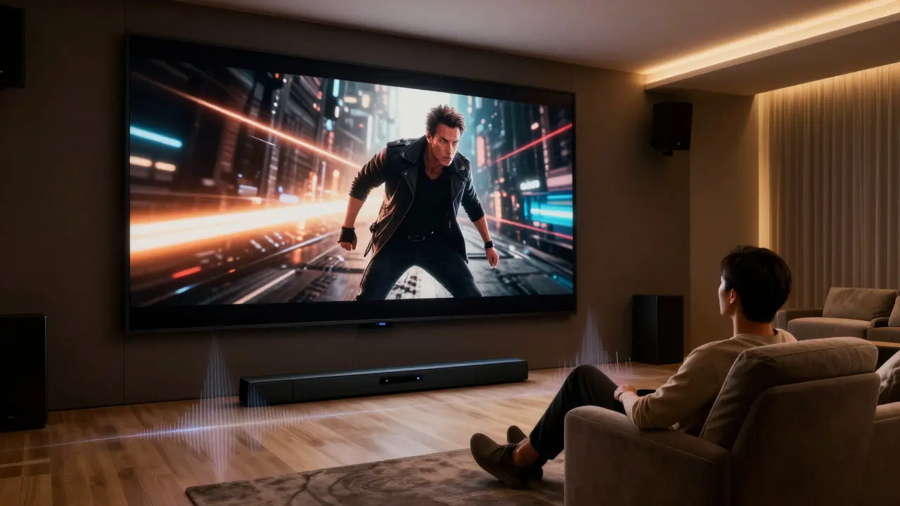 Home theater with TV displaying HDR content and spatial audio effects