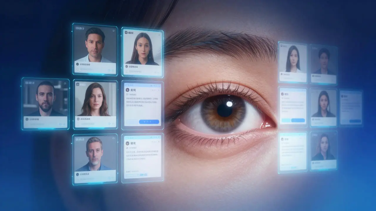 Human eye viewing digital actor profiles through a tech interface