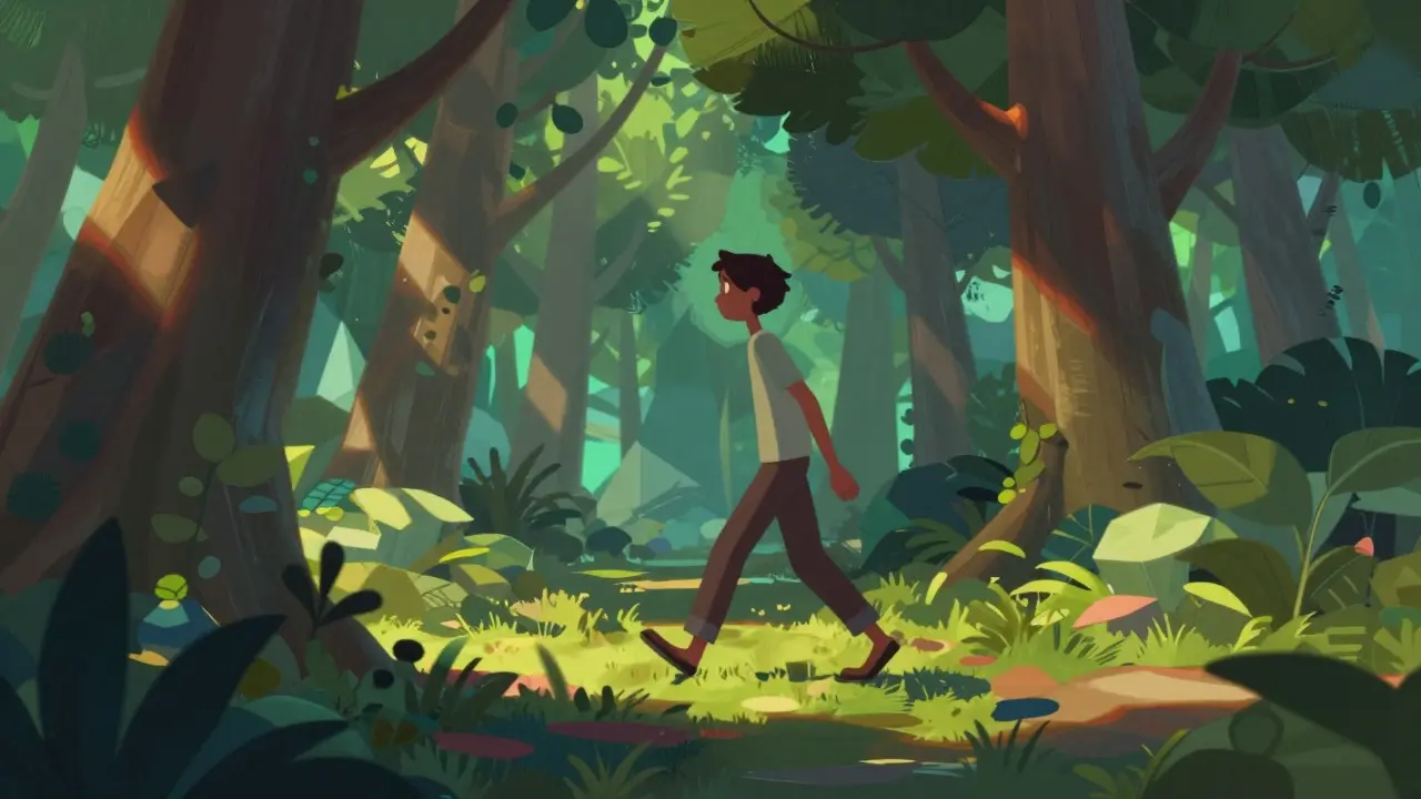 Hybrid animated character with painted textures in a 3D forest environment