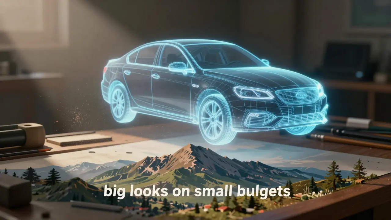 Illustration blending a physical matte painting with a floating 3D digital model