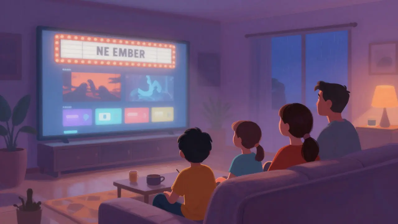 Illustration comparing a cozy home streaming setup with a distant, dim movie theater