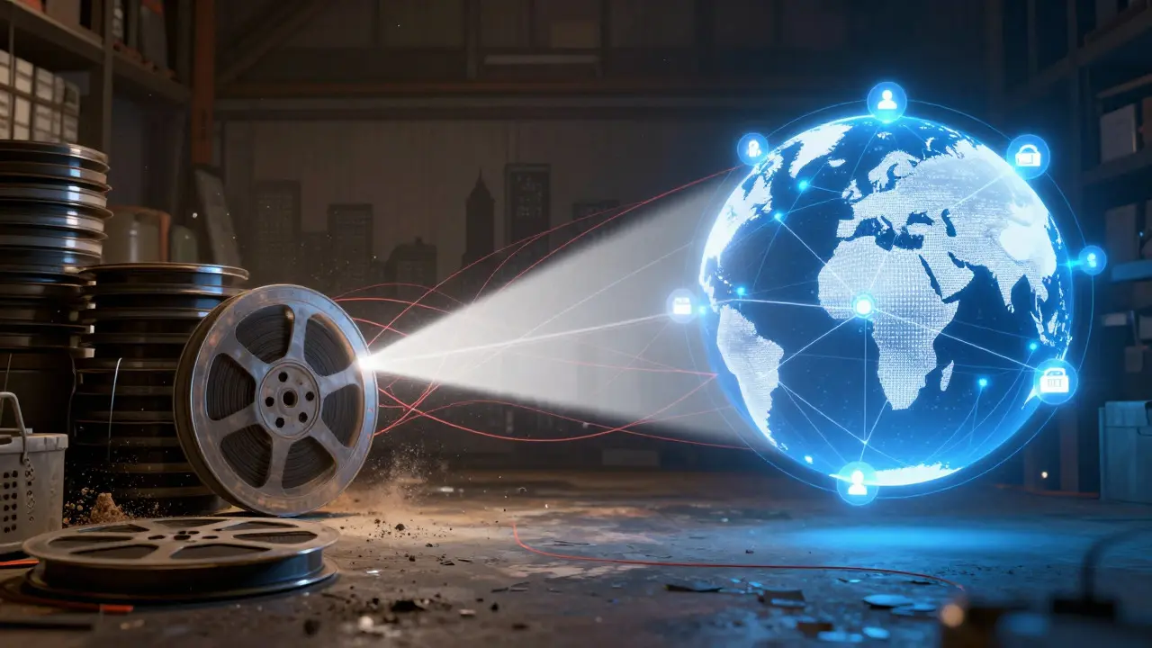 Illustration contrasting old film reels with modern digital global connectivity