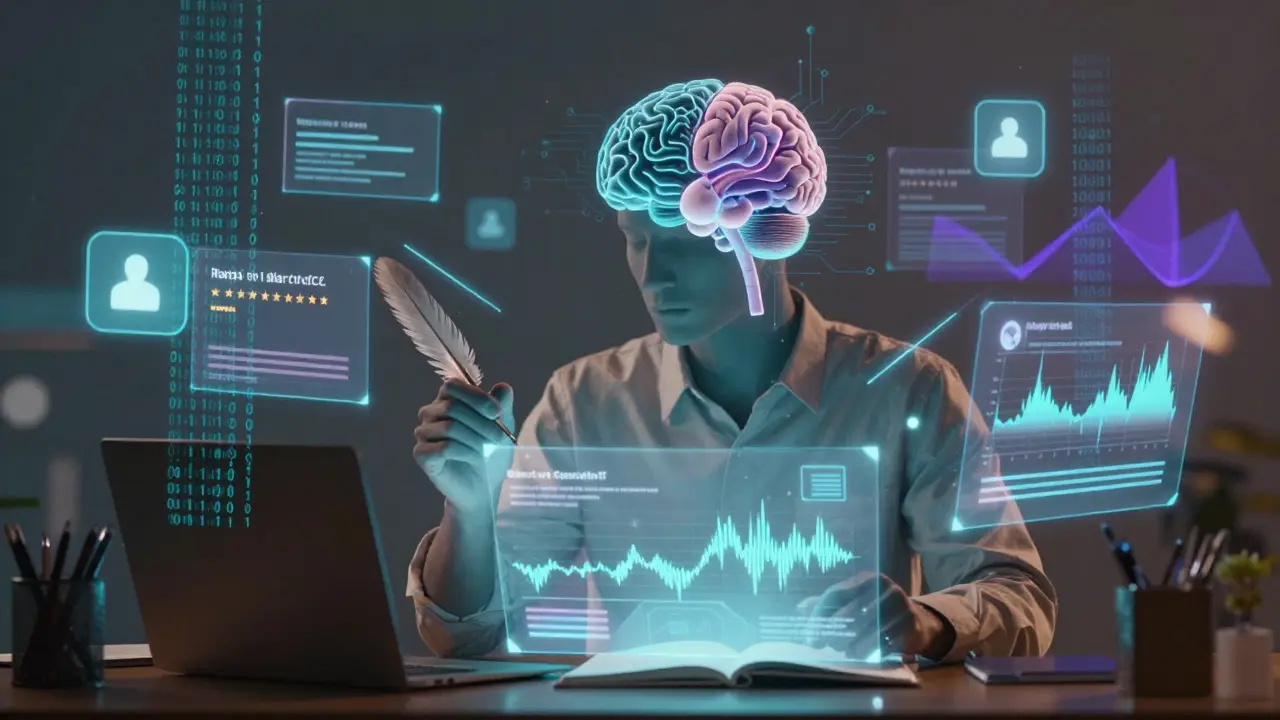 Illustration of a critic interacting with digital data and algorithms