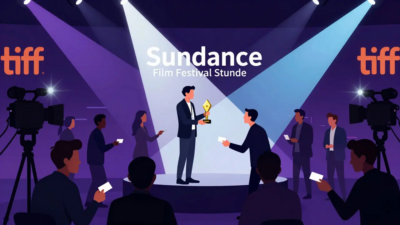 Illustration of a film festival awards ceremony with industry professionals networking
