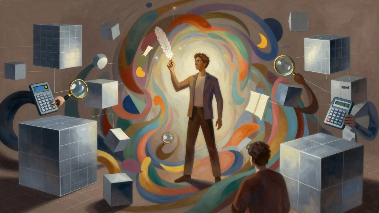 Illustration of a human critic surrounded by abstract emotions and rigid AI geometric grids