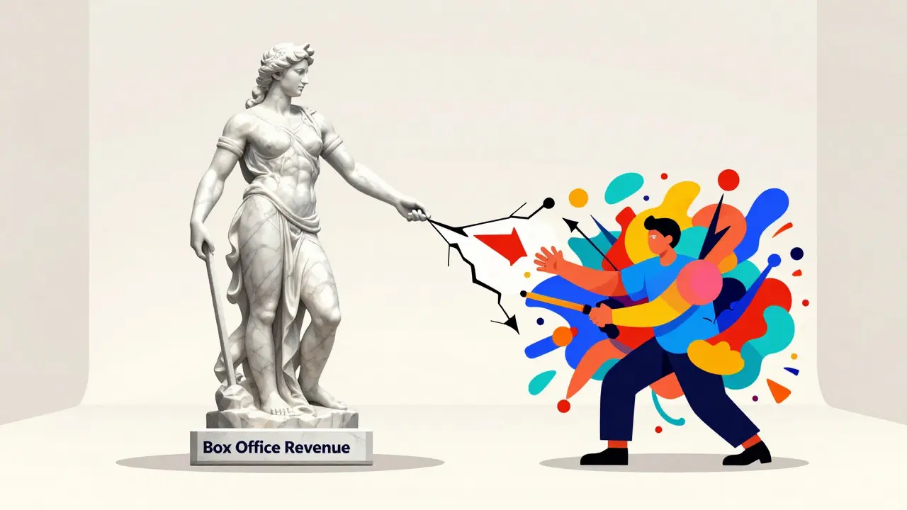 Illustration of a large stone statue being pushed by colorful abstract shapes