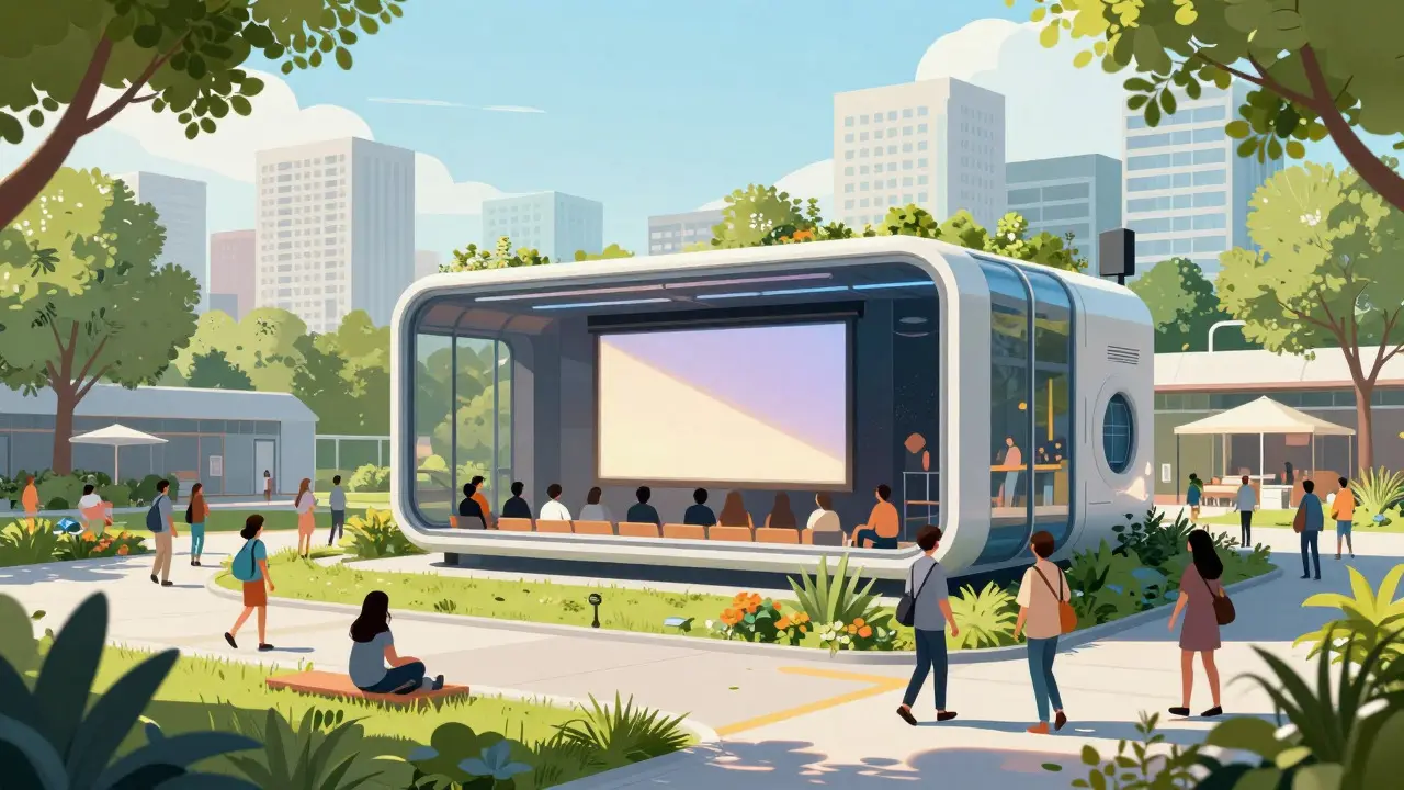 Illustration of a modern modular cinema unit in a green community setting