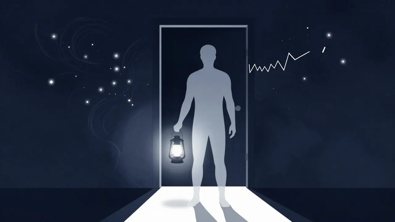 Illustration of a person choosing a path through darkness with a lantern, symbolizing consent