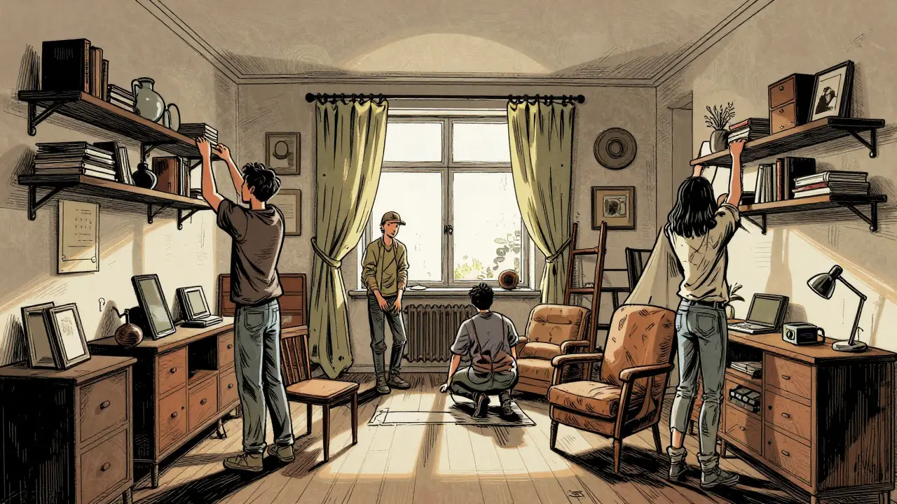 Illustration of a production designer styling a cramped apartment