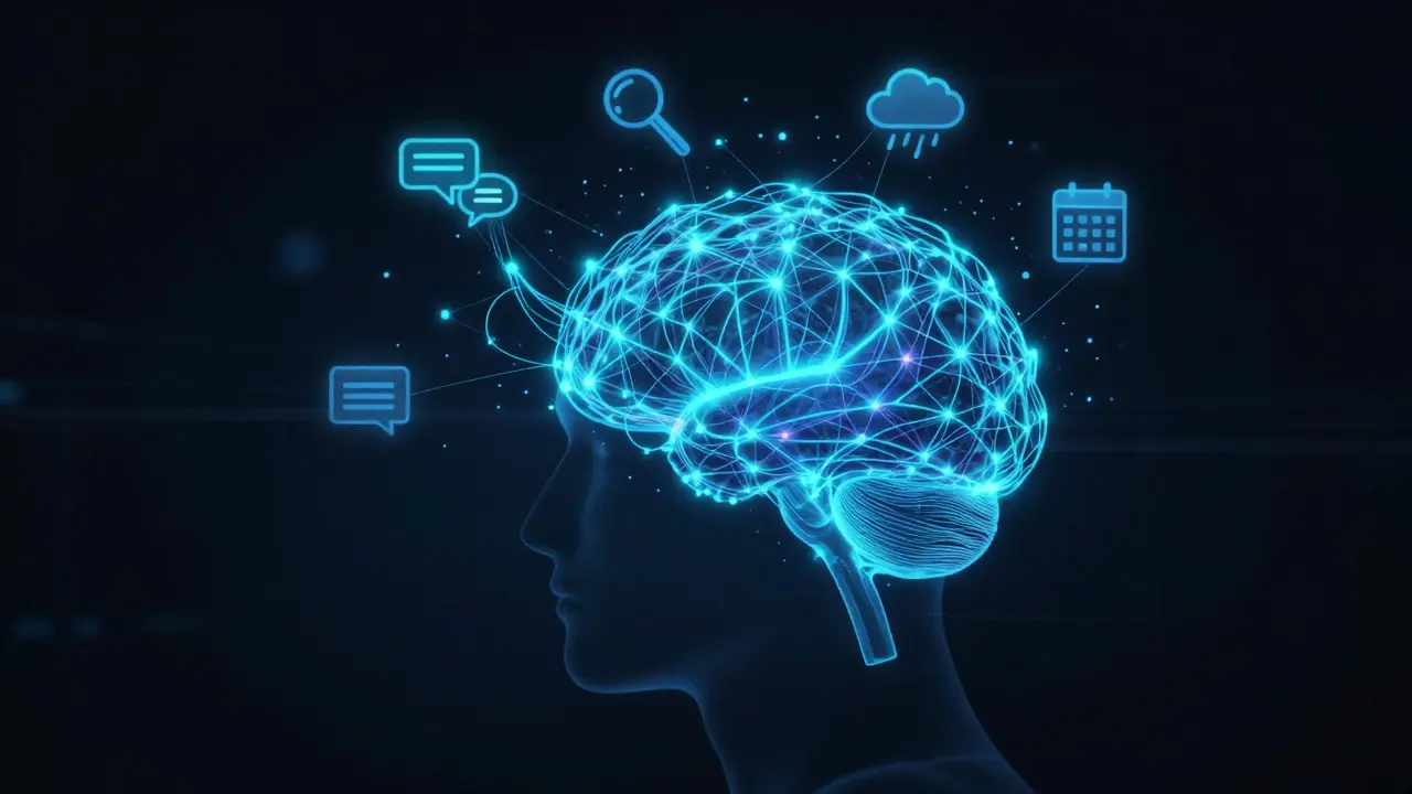 Illustration of an AI brain processing social media, weather, and search trend data inputs